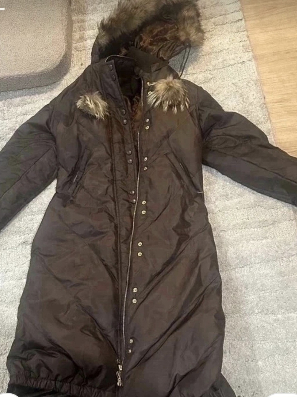 Long RocawearPuffer Parka Coat with Faux Fur Trim - Brown